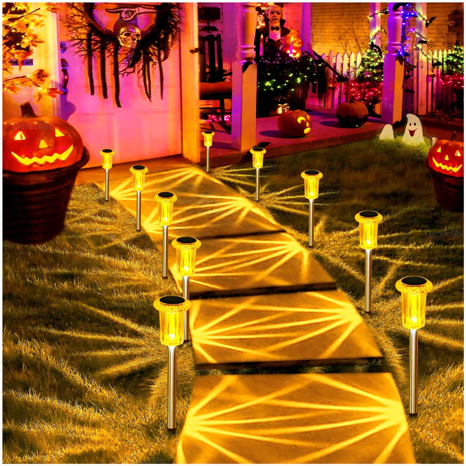 DenicMic Halloween Solar Lights Outdoor 10 Pack Purple LED Waterproof Yard Garden Patio Backyard Pathway Walkway Landscape Path Lawn Outside Halloween Decorations Outdoor